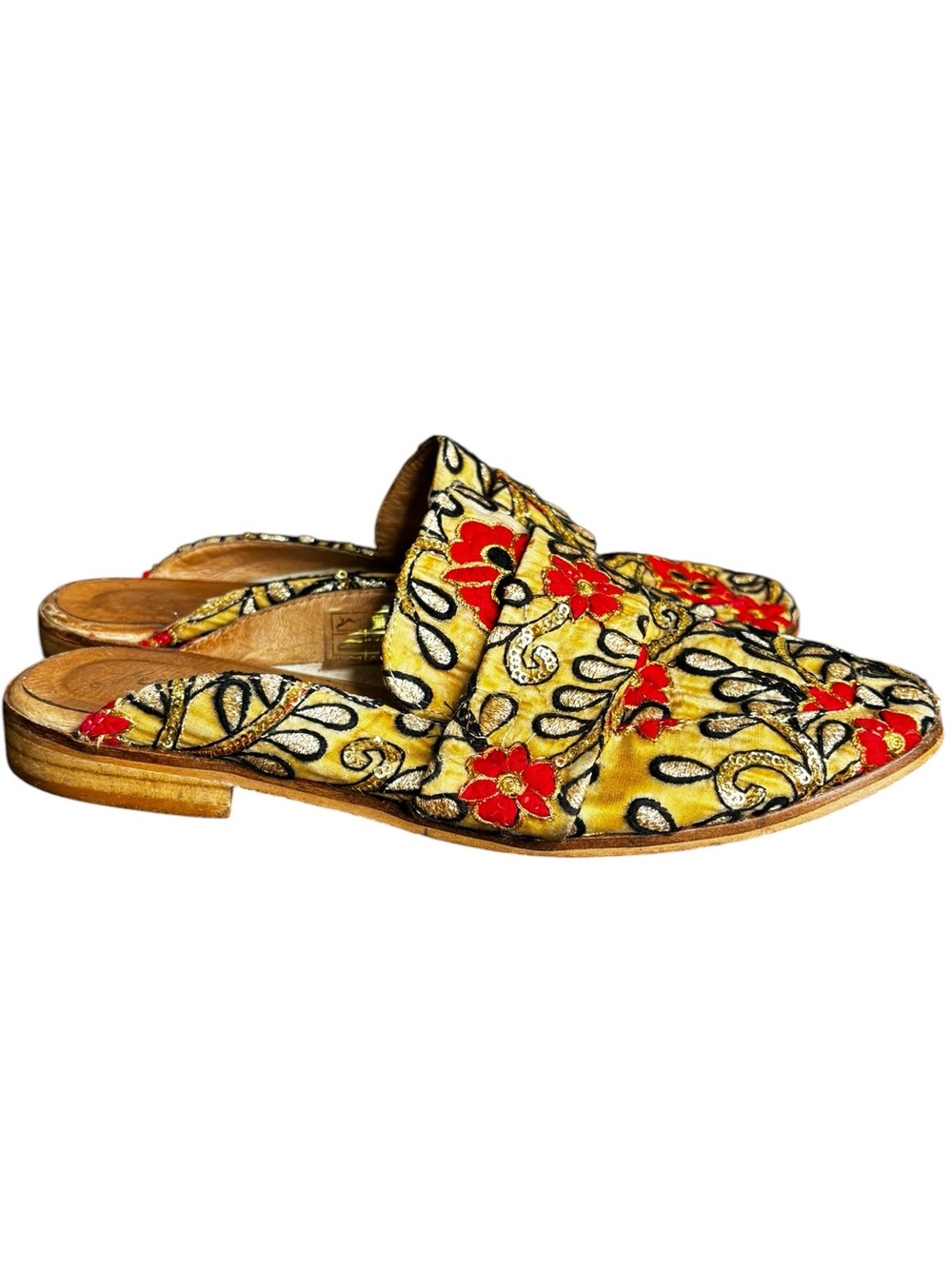 Free People At Ease Mules Floral Slip On Leather Flat Shoes Size 38/ 7.5 Retro